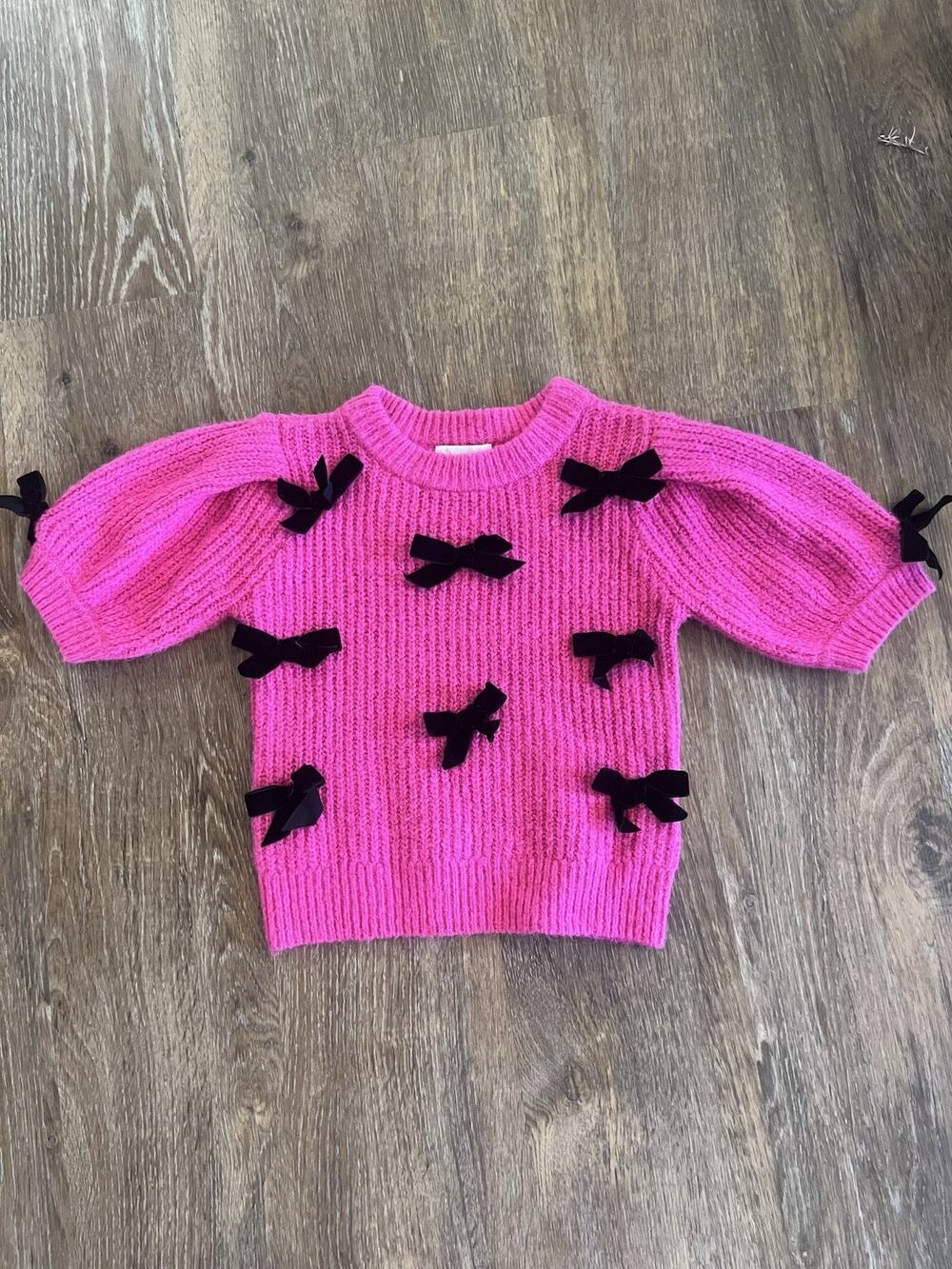 GB Girls Pink Bow Detail Sweater Size M 8-10 Black Velvet Bows Knit